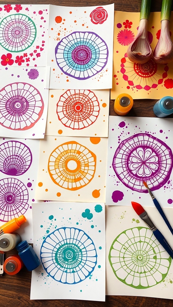 Colorful onion vegetable prints on paper with paint supplies.